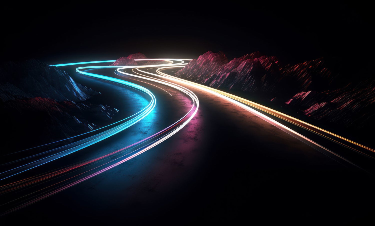 蓝色、粉色和黄色霓虹灯光线勾勒出的高速道路