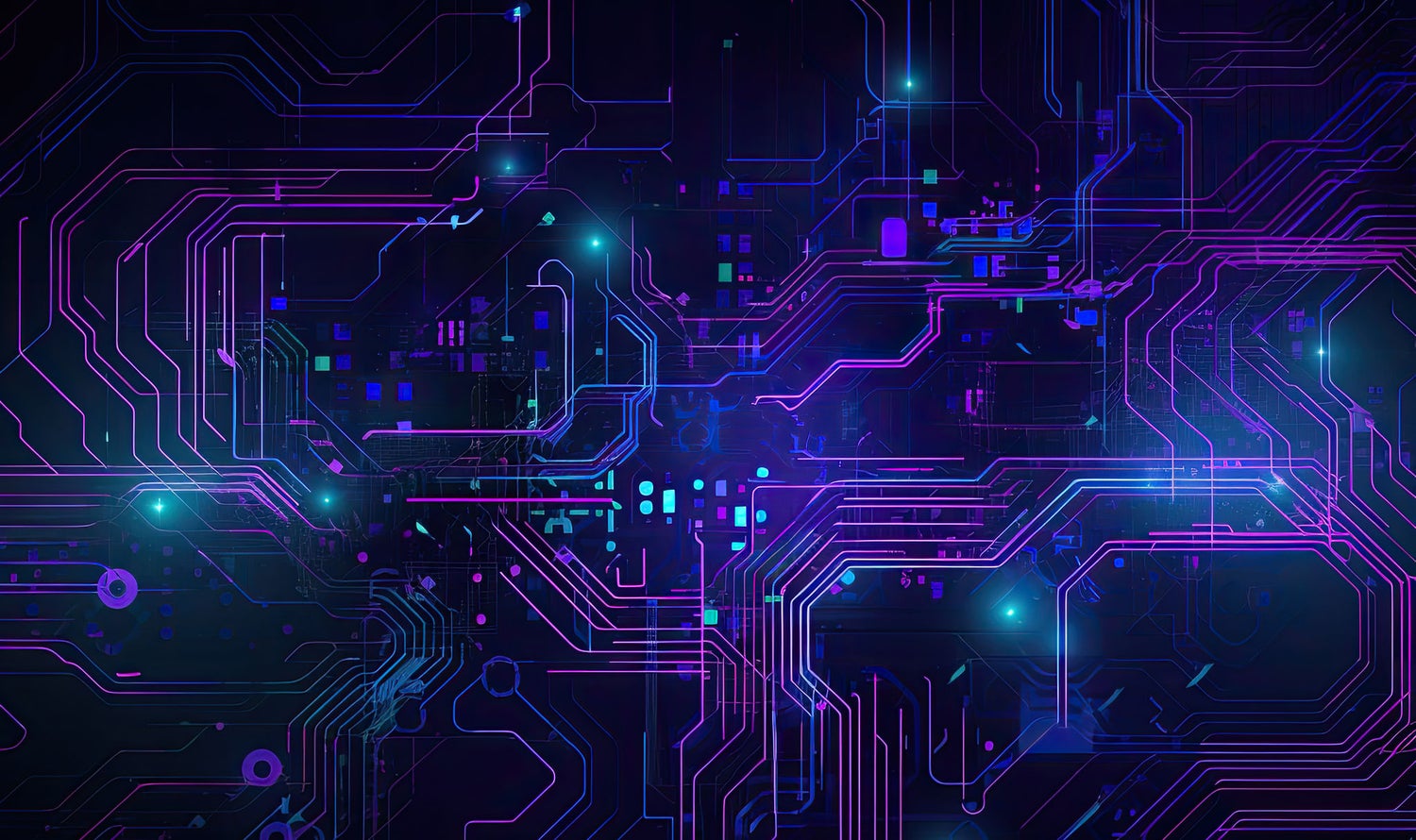 霓虹蓝、紫色和青绿色调的复杂电路数字化图示