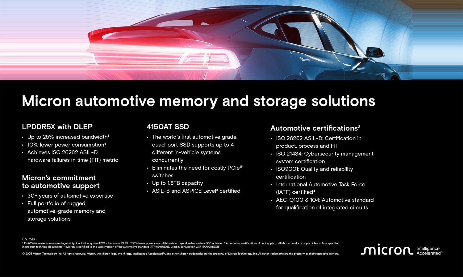 一辆未来主义风格的汽车穿过隧道，汽车尾灯的边缘一直延伸到画面之外。